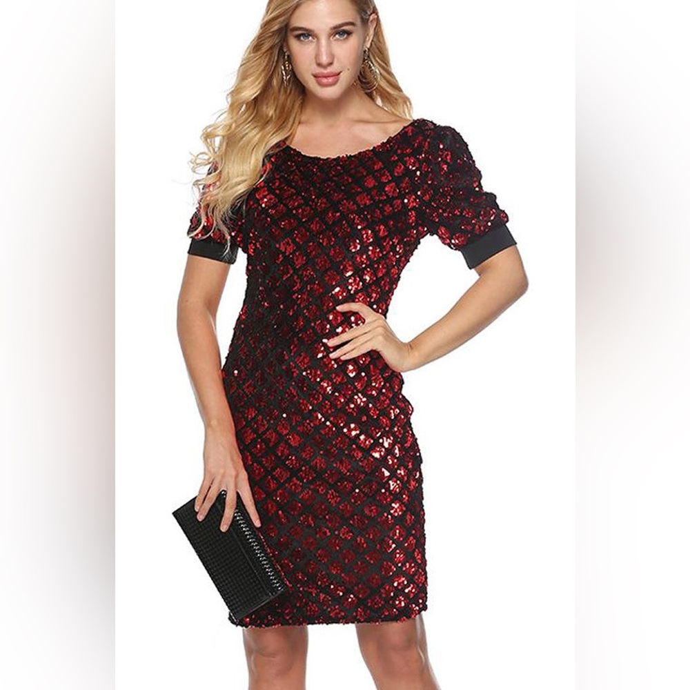 HALF SLEEVE SEQUIN SHEATH DRESS - L Red